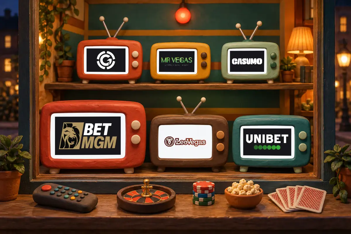 Six clay TV sets in a shop window, each showing the logo of one of our casinos: the bigger the set, the more game shows its pages list
